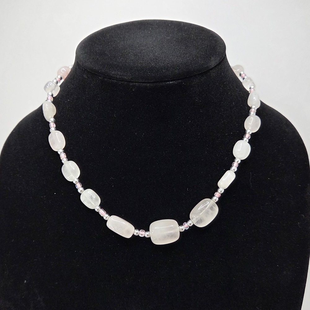Bohemian Rose‎ Quartz Beaded Necklace Silver Accents Pink Gemstone Approx 17"